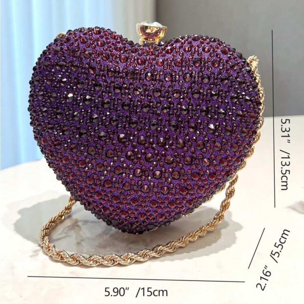 Purple Heart Shaped Rhinestone Inlaid, Metal Chain Strap Handbag / Clutch - Picture 10 of 15